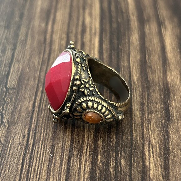 Gold Tone Ring With Red / Orange Stones ASO Alex Russo - Picture 5 of 9